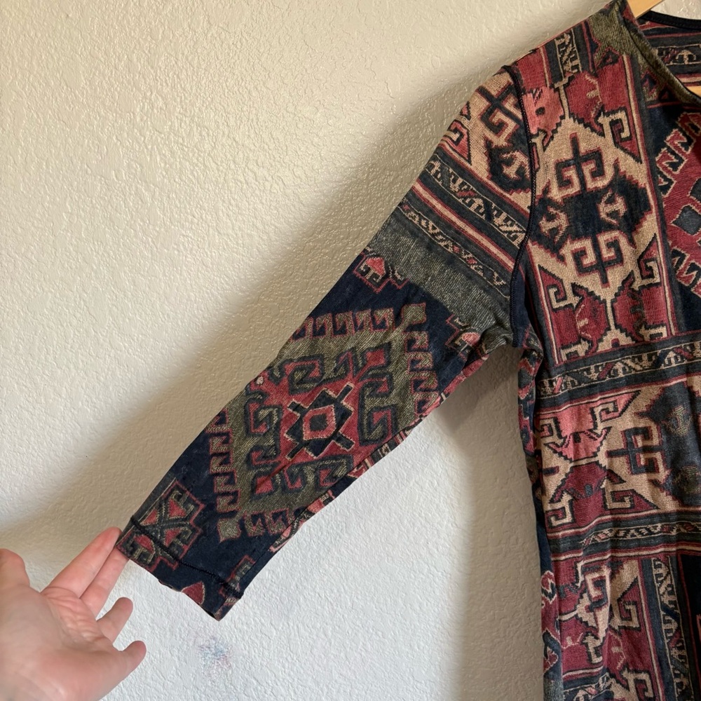 Ralph Lauren Aztec Print Henley Button Up 100% Cotton 3/4 Length Sleeve Shirt L - Picture 2 of 8